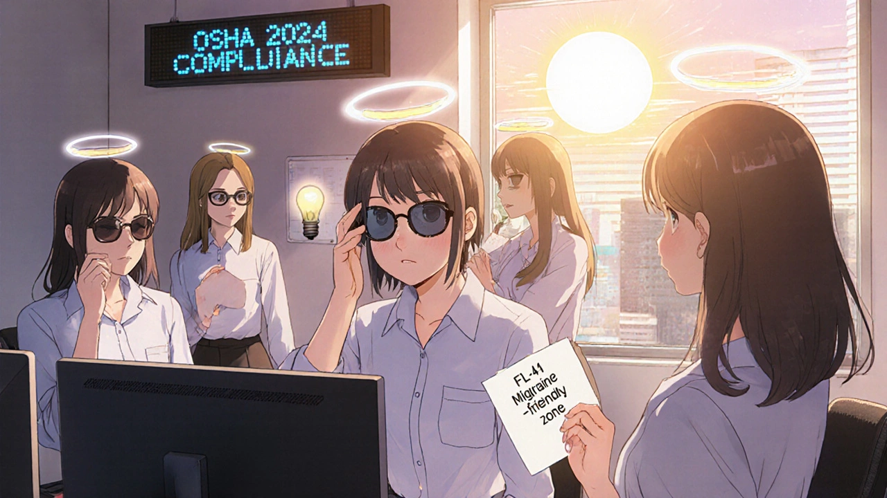 A group of young women adjusting office lighting and installing filters, smiling in a migraine-friendly workspace with warm, dimmed lights.