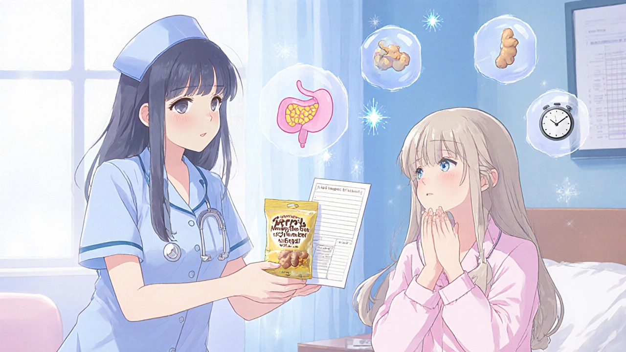 A nurse gives a patient ginger chews and a nausea log in a soft pastel clinic room.