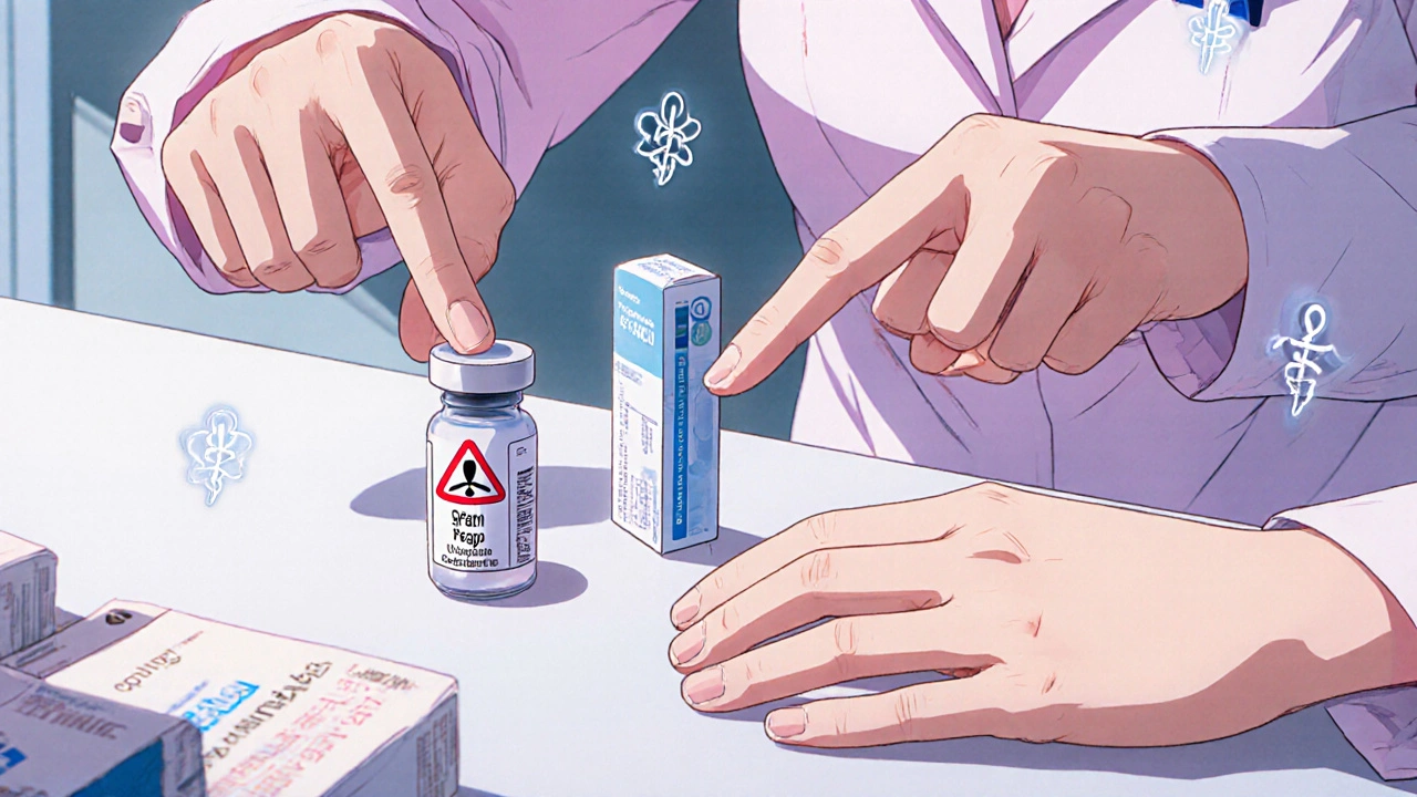 A pharmacist examines expired EpiPen and insulin next to fresh replacements on a counter.