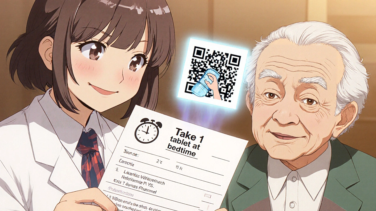A pharmacist shows an elderly patient a clear prescription label with a clock icon and QR code.
