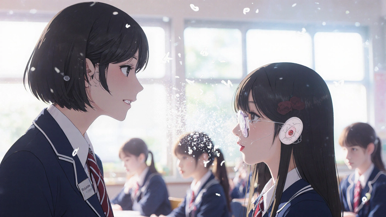 A student in a classroom receiving clear speech as glowing particles flow from a teacher&#039;s microphone into her hearing aids.