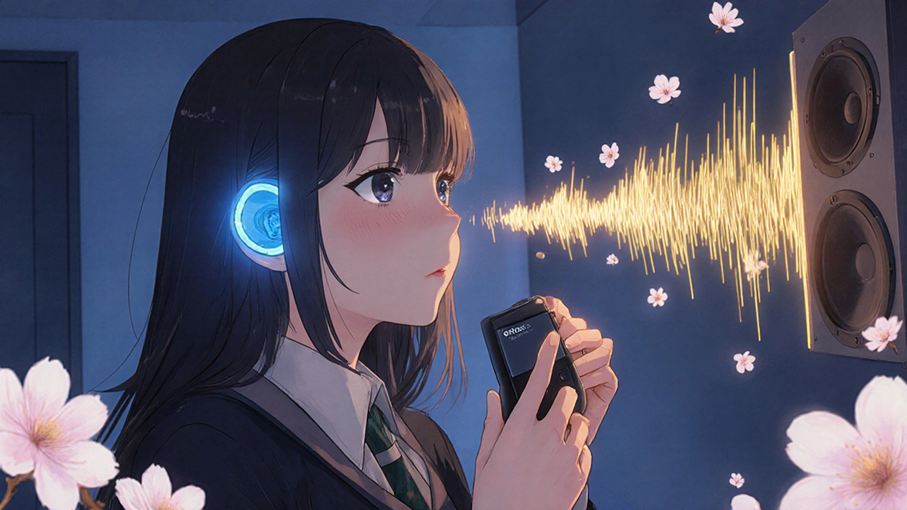 A teenager with integrated hearing technology, no external mic, as golden sound waves connect her to a distant speaker.