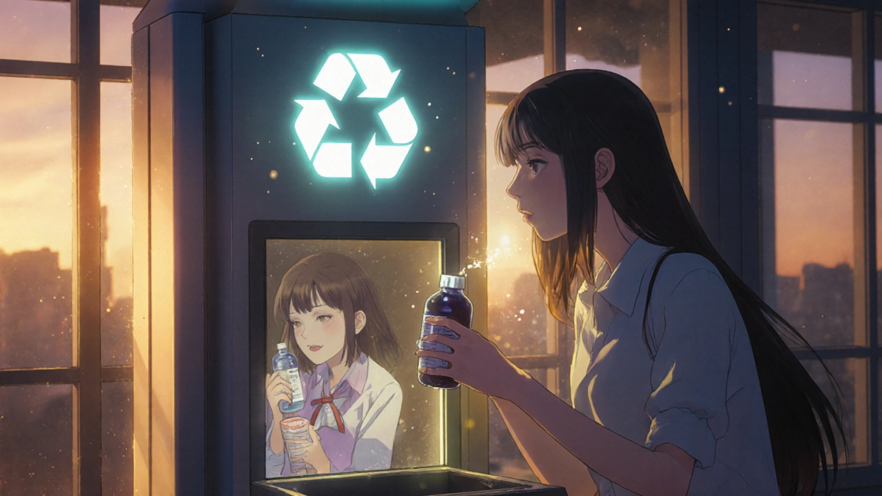 A woman drops expired meds into a pharmacy disposal kiosk as golden light shines behind her.