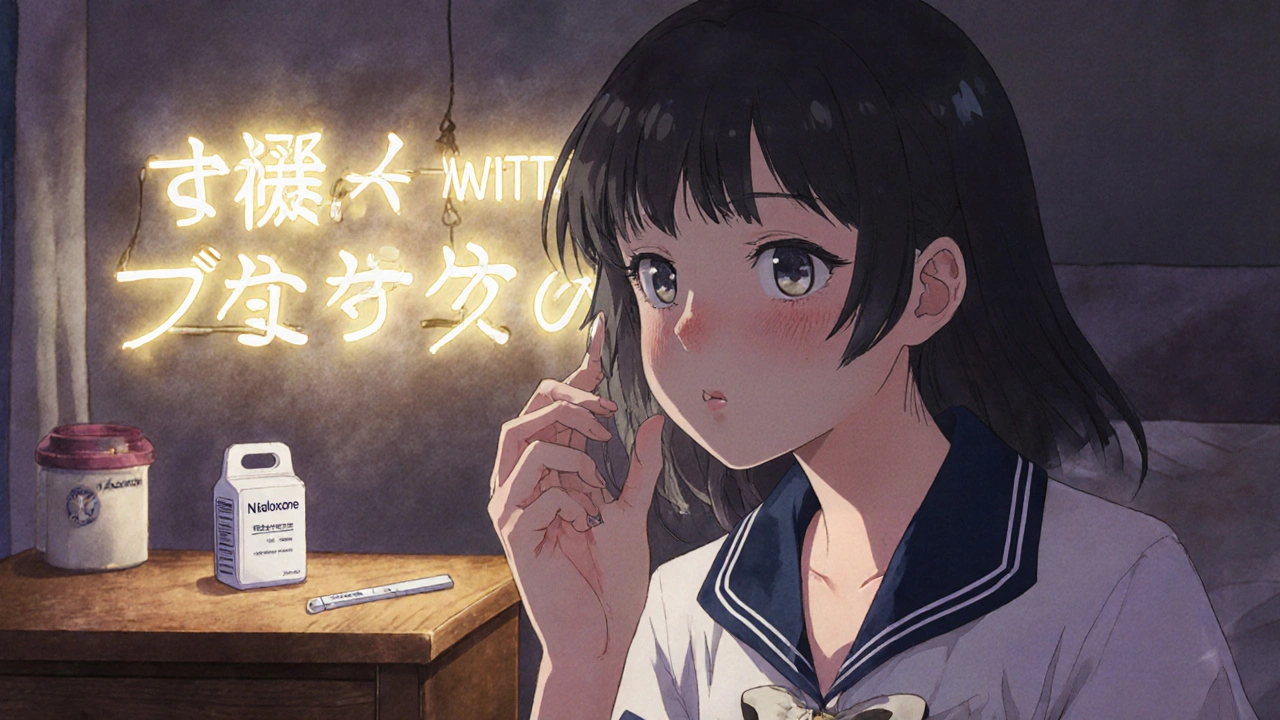 A woman holds a tiny pill fragment, with a &#039;START WITH A FRACTION&#039; sign glowing softly beside naloxone.