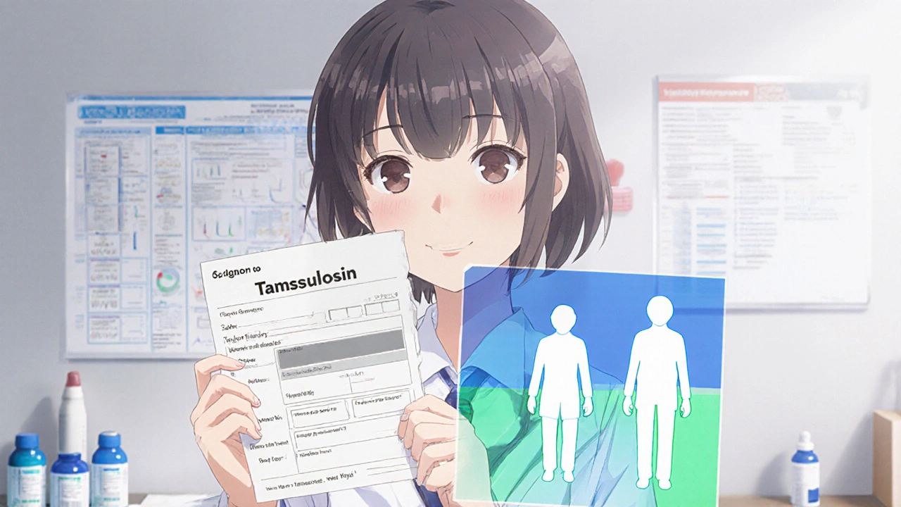 A woman smiling in a doctor’s office holding a Tamsulosin prescription with calming colors.