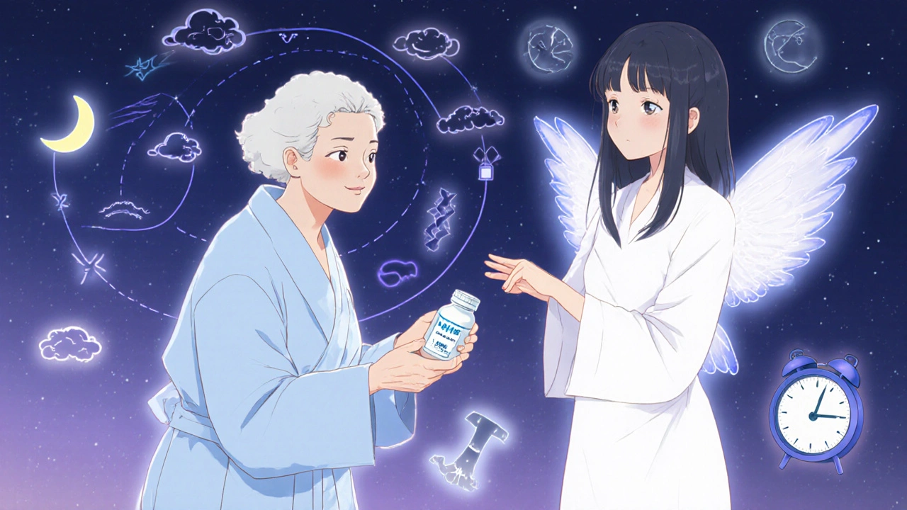 An elderly woman holding a low-dose sleep aid while being gently guided by a spiritual CBT-I guide.