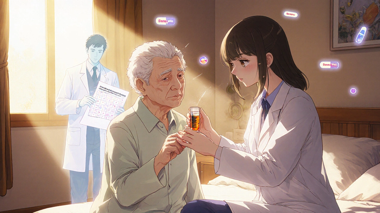 Caregiver giving liquid medicine with a pharmacist as a protective spirit in the background.