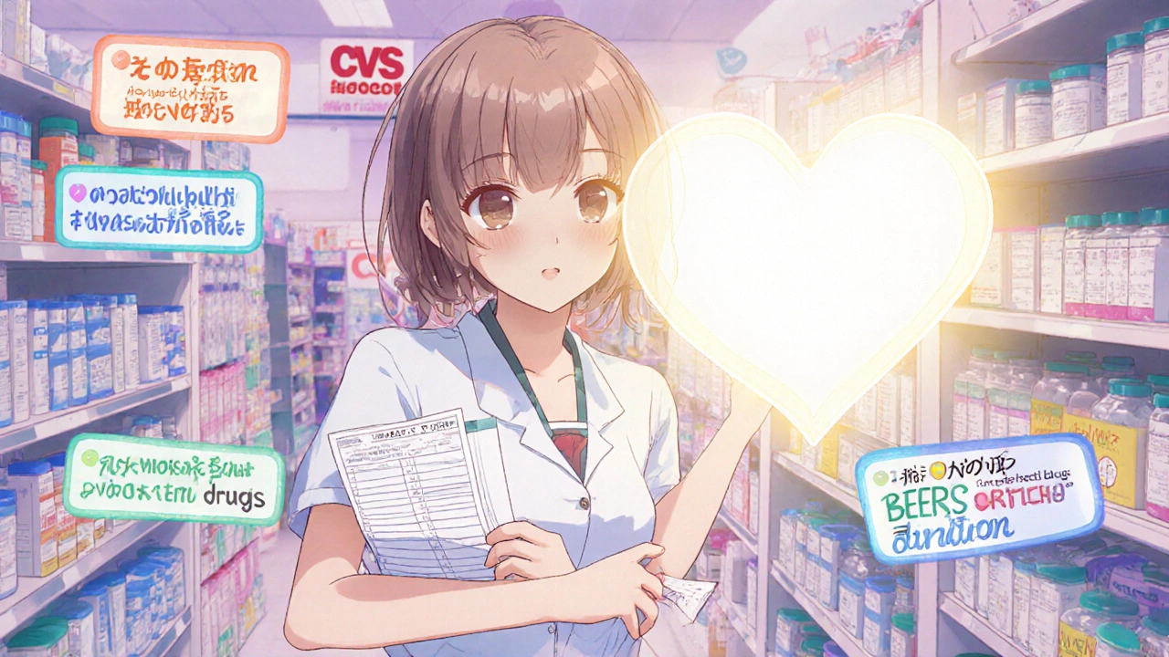 Caregiver in pharmacy holding organizer, with floating safety tips glowing around her.