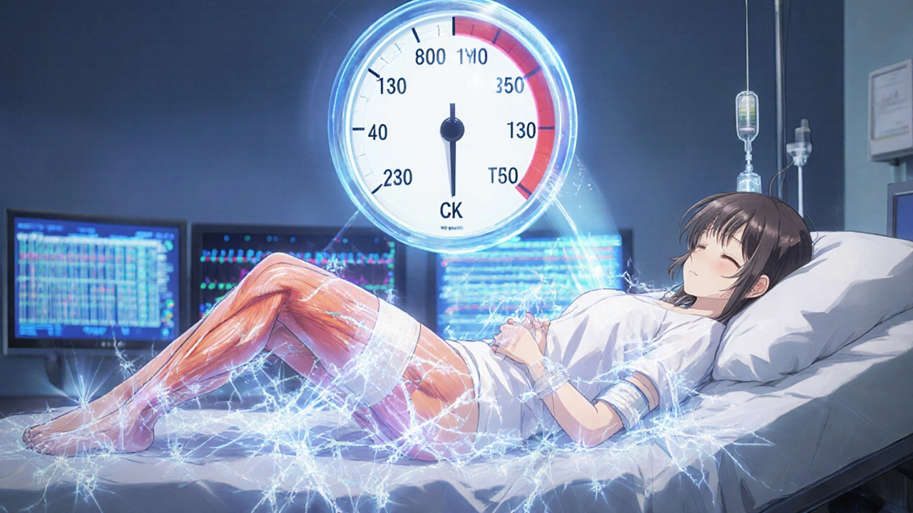 Female patient on hospital gurney with glowing muscle damage and high CK levels visible.