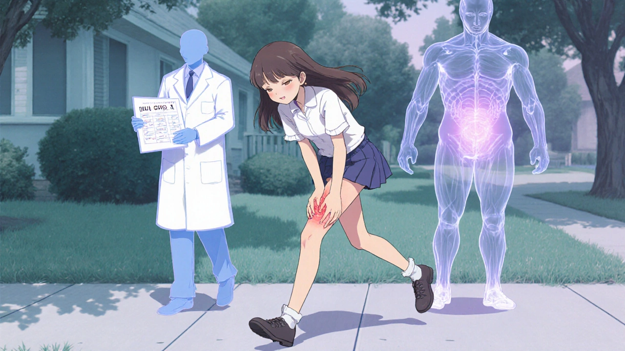 Girl massaging her thigh while medical symbols float behind her on a quiet walk.