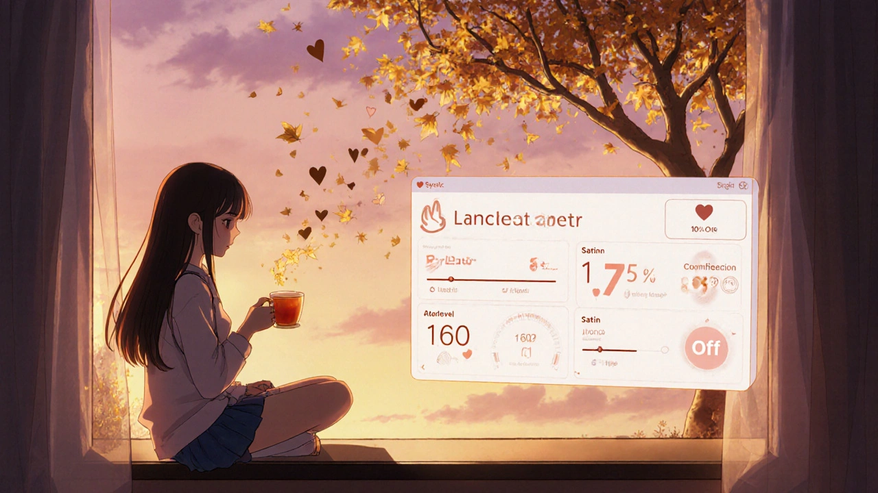 Girl on a windowsill with a floating heart risk dashboard and falling heart-shaped leaves.