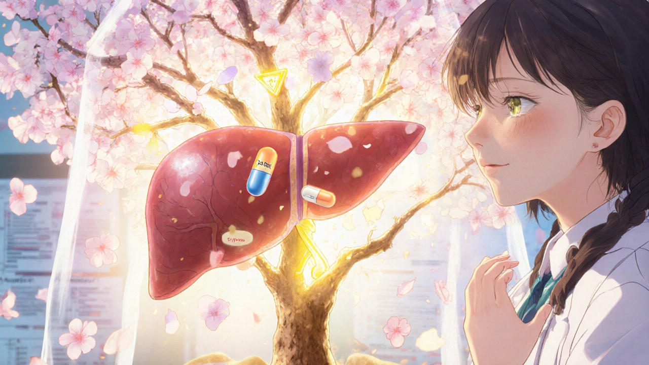 Glowing liver as a cherry blossom tree with medication icons floating harmlessly among its petals.