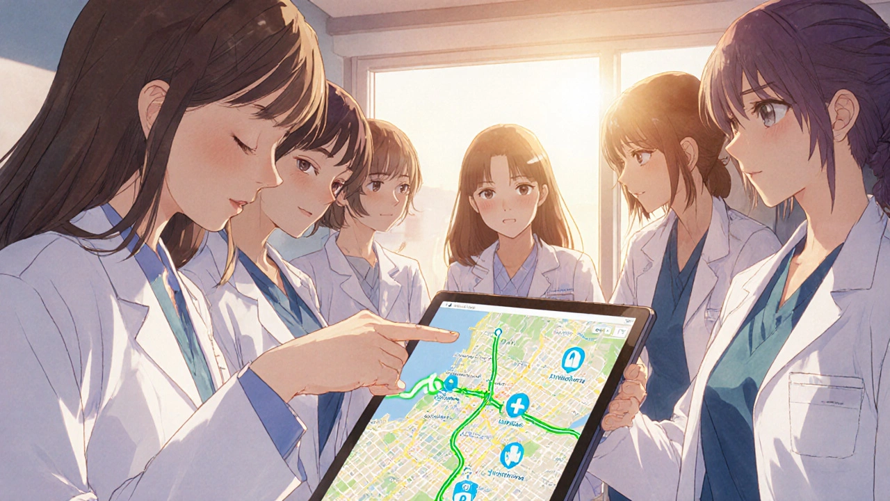 Healthcare workers collaborate around a tablet showing a regional drug-sharing network map.