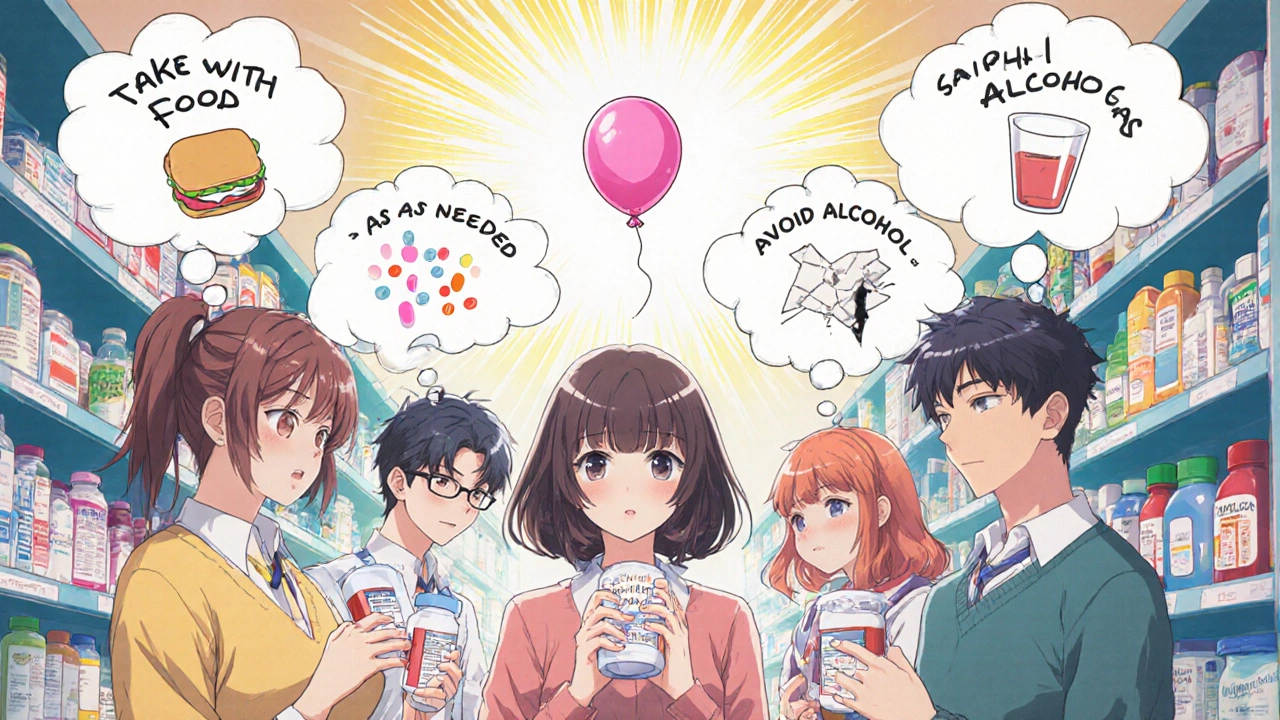 People’s thought bubbles about medication labels transform into simple icons and clear text.