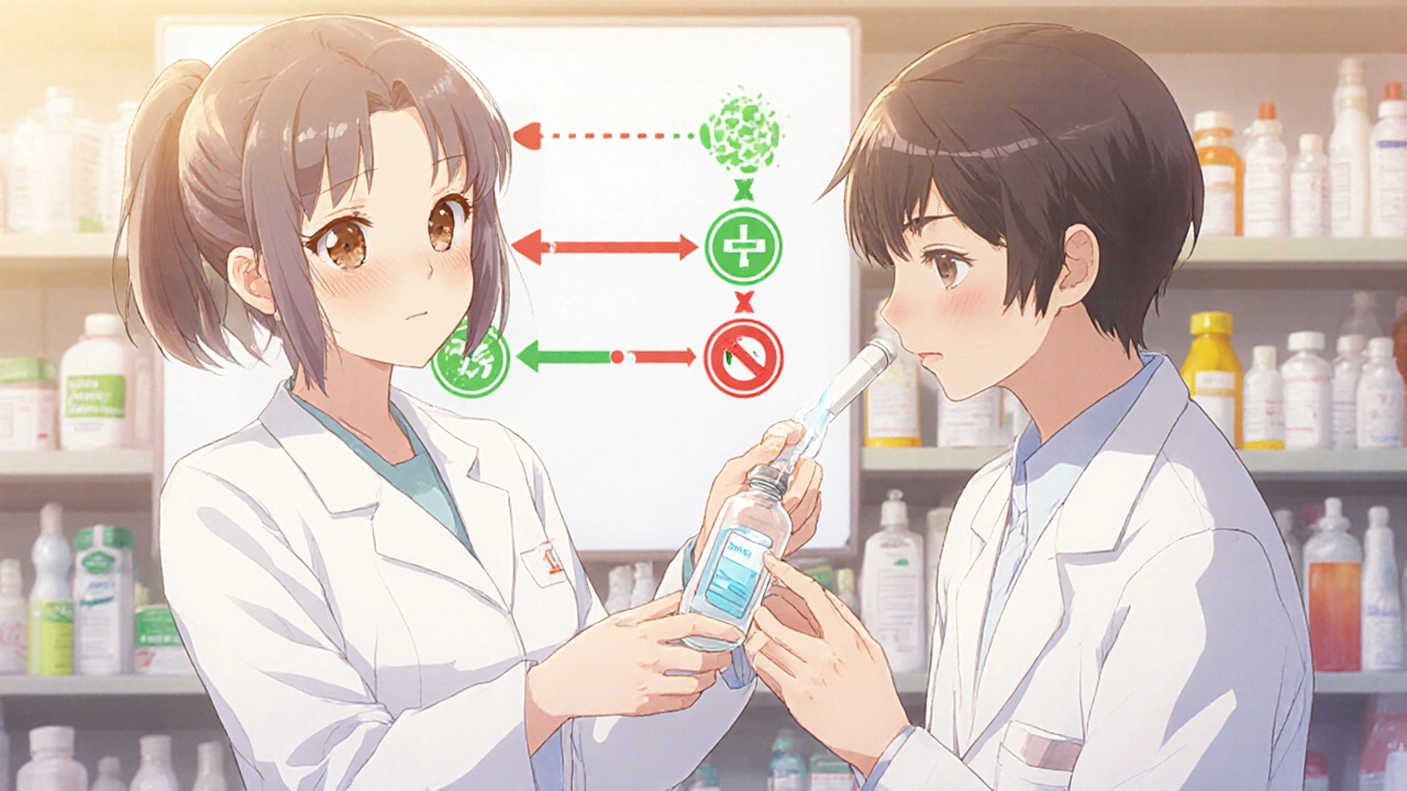 Pharmacist handing saline gel to a patient with a transformation chart in the background.