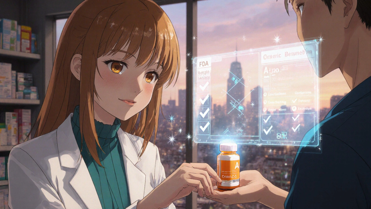 Pharmacist hands a generic medication to a patient as an FDA Orange Book &#039;A&#039; rating hovers nearby.
