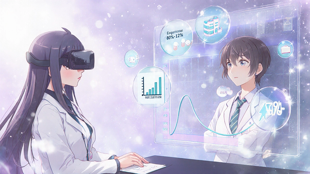 Physician in VR training interacts with a patient avatar surrounded by bioequivalence and adherence icons.