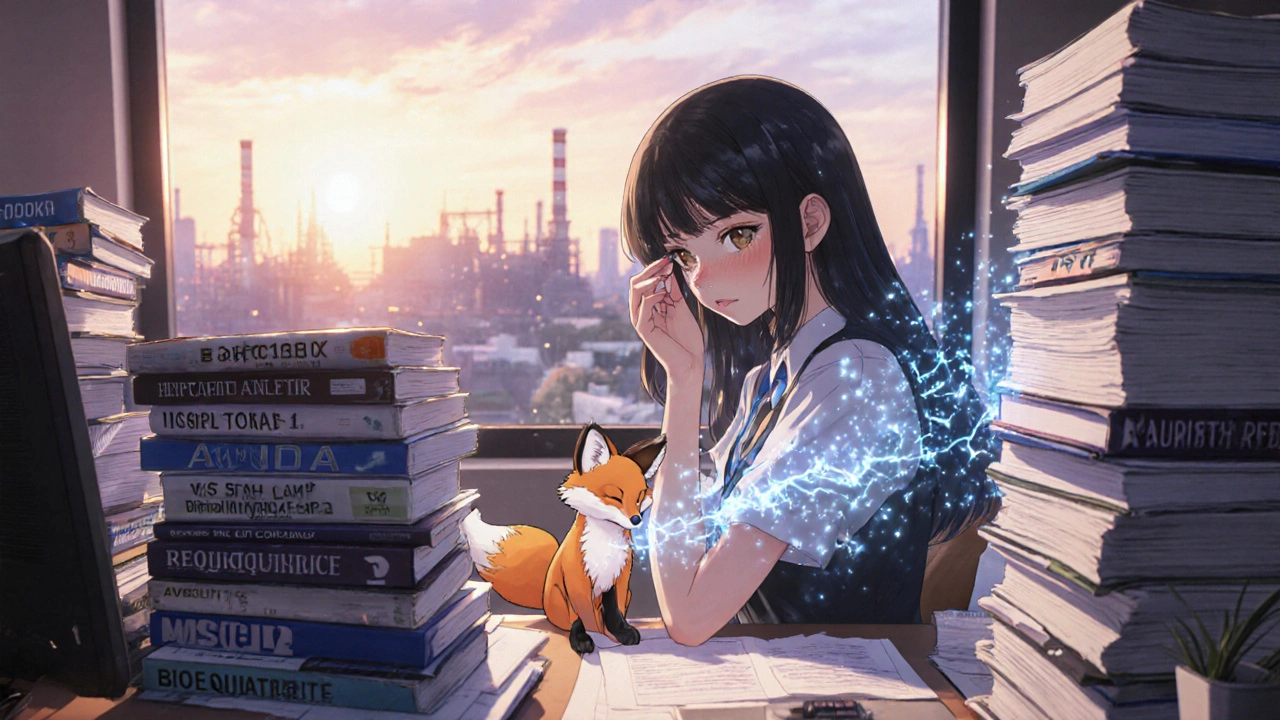 Regulatory analyst surrounded by ANDA documents with a glowing data-fox companion at dawn