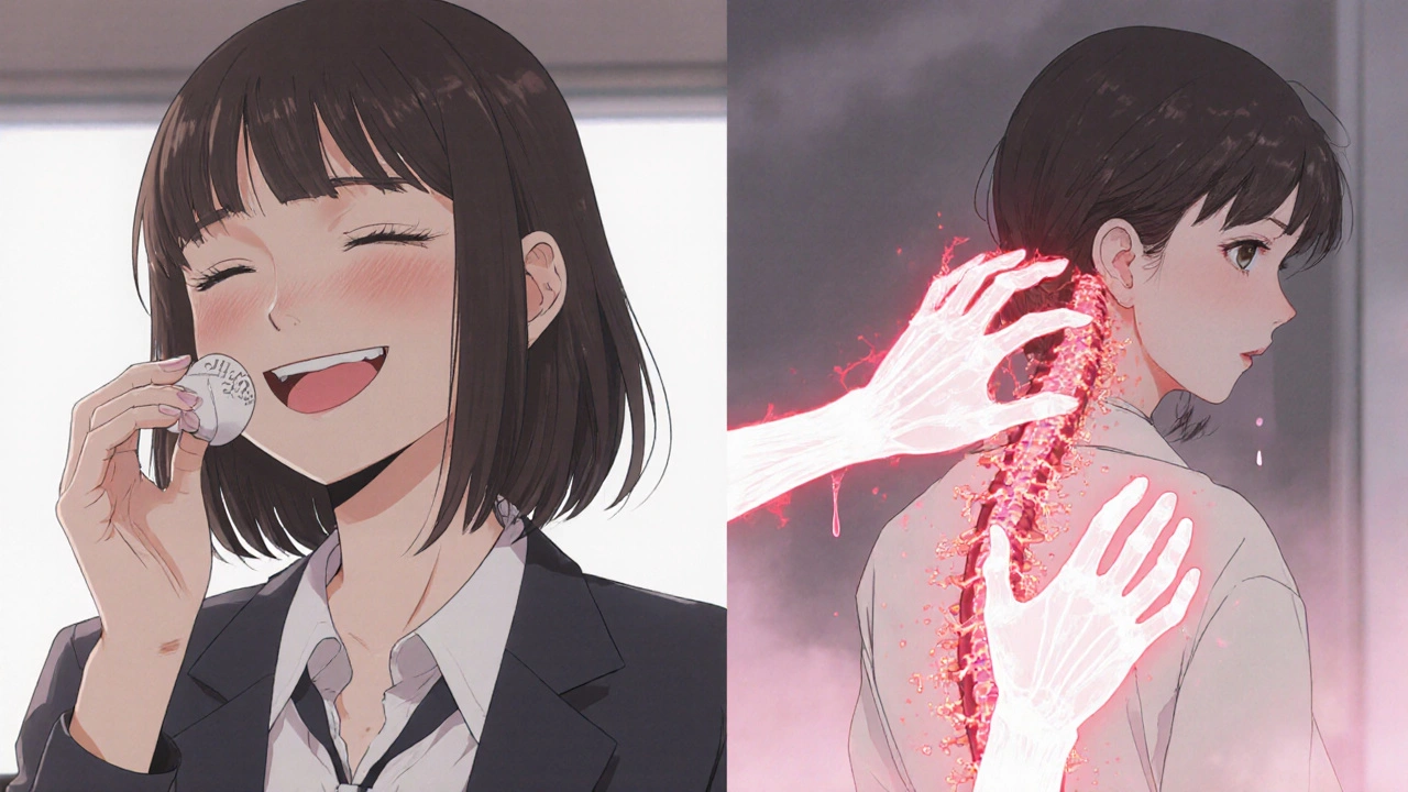 Split image showing a woman’s decline over time with glowing inflammatory proteins pulsing from her spine.