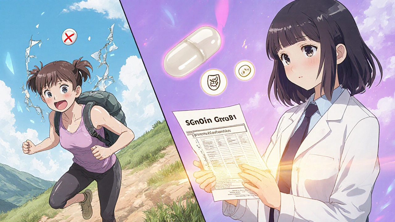 Split scene of woman hiking then muscles breaking, with statin and genetic test icons nearby.