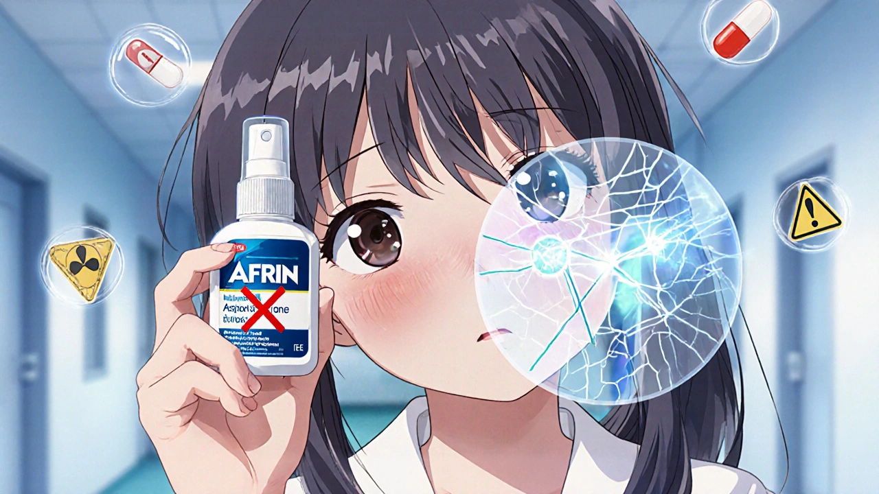 Teen girl looking worried as nasal tissue cracks and warning symbols float around her.