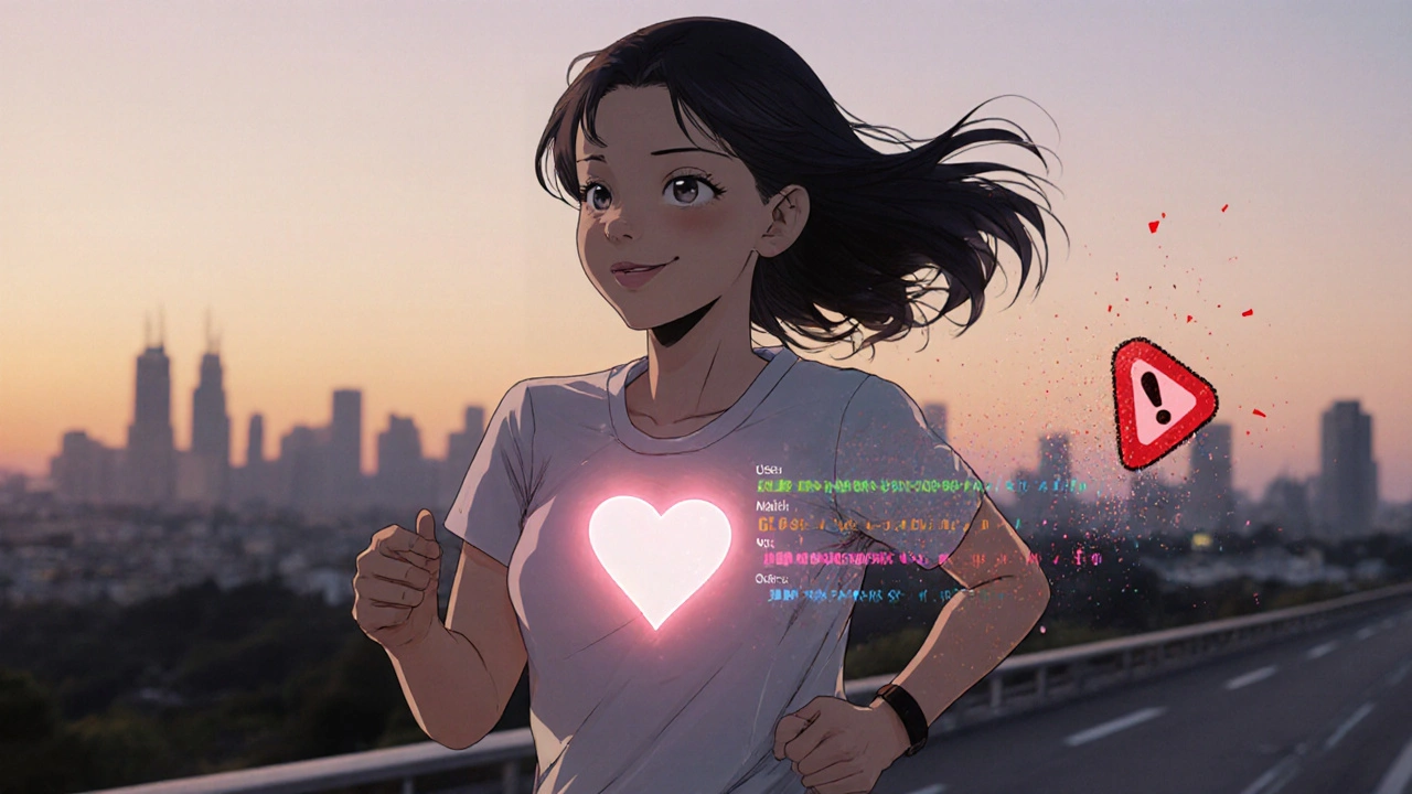 Woman jogging at dawn with liver enzyme levels stabilizing, heart glowing, alarm fading away.