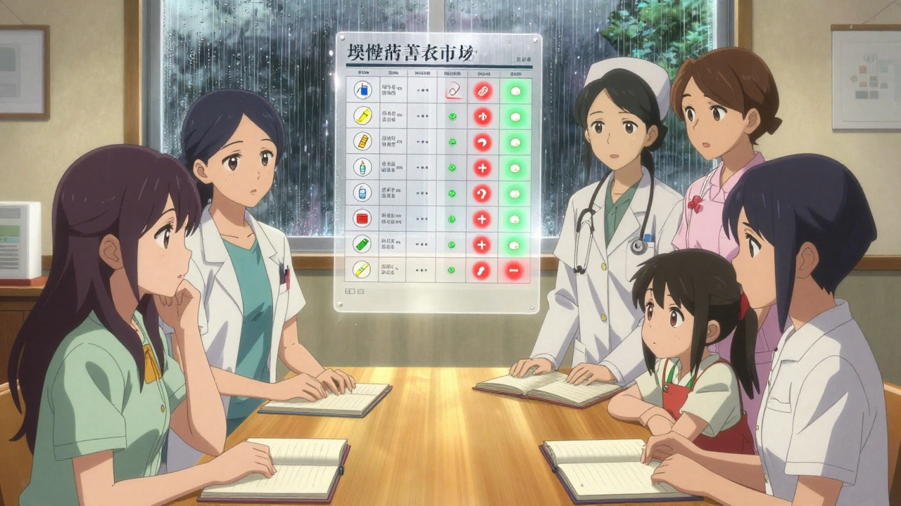 A care team collaborates around a woman, with a floating visual plan showing her medications and interactions.