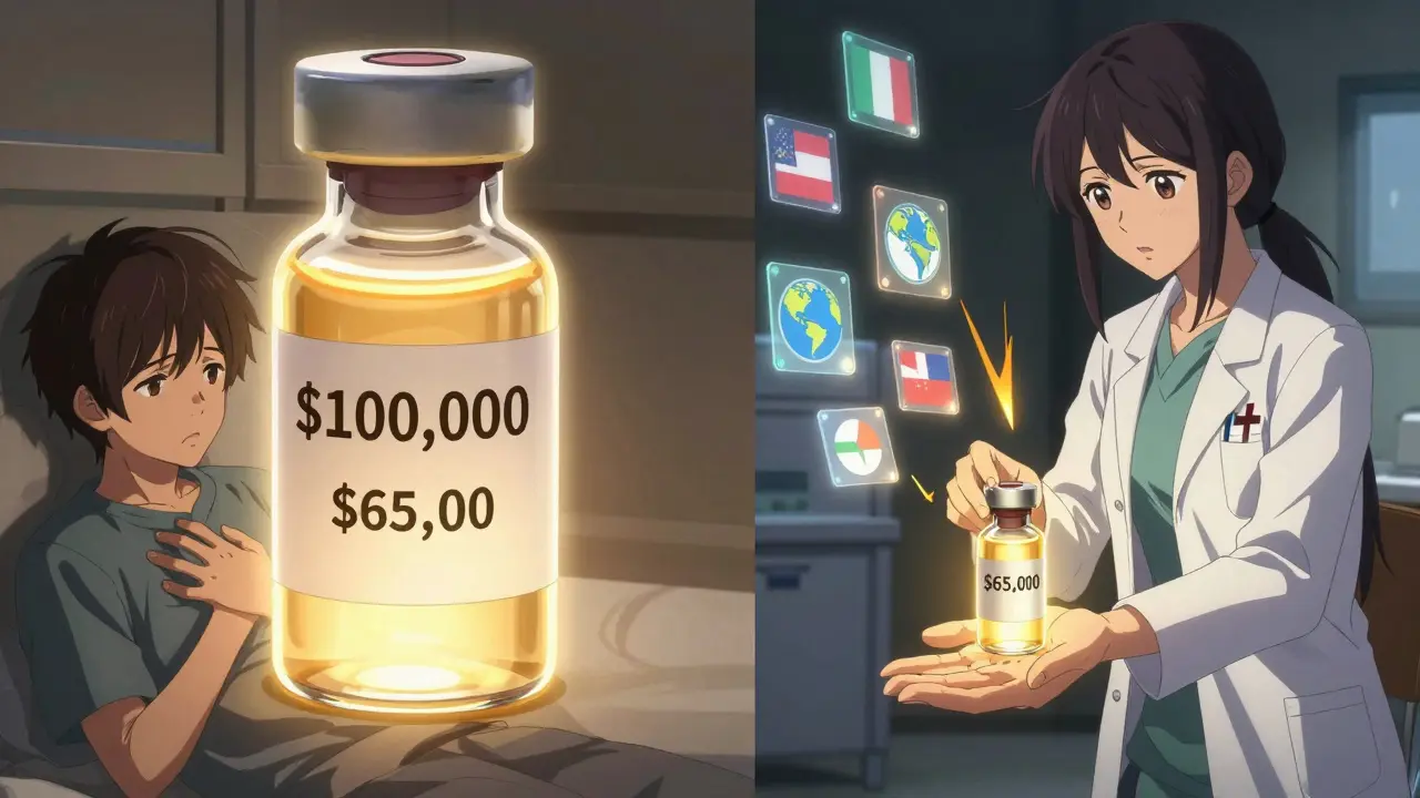 A doctor offers a low-cost biosimilar instead of an expensive biologic drug, with price charts fading away.