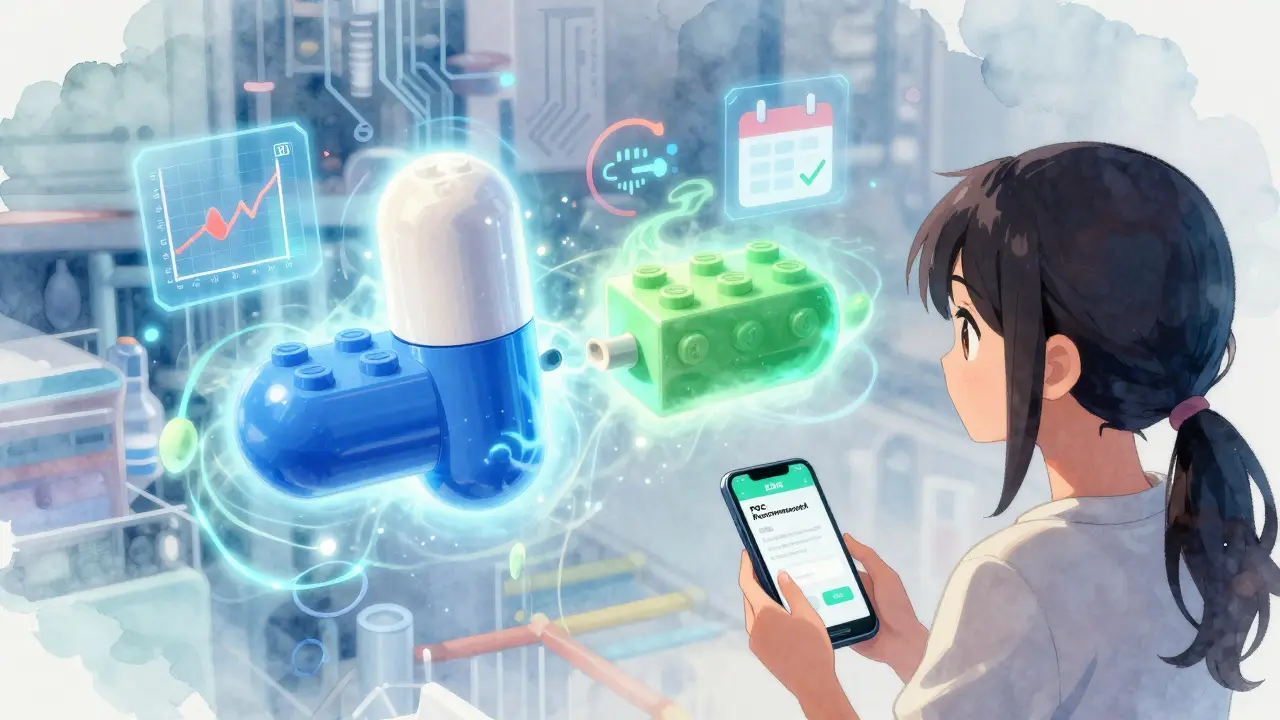 A futuristic modular pill splits into adjustable segments with glowing health data floating around it.