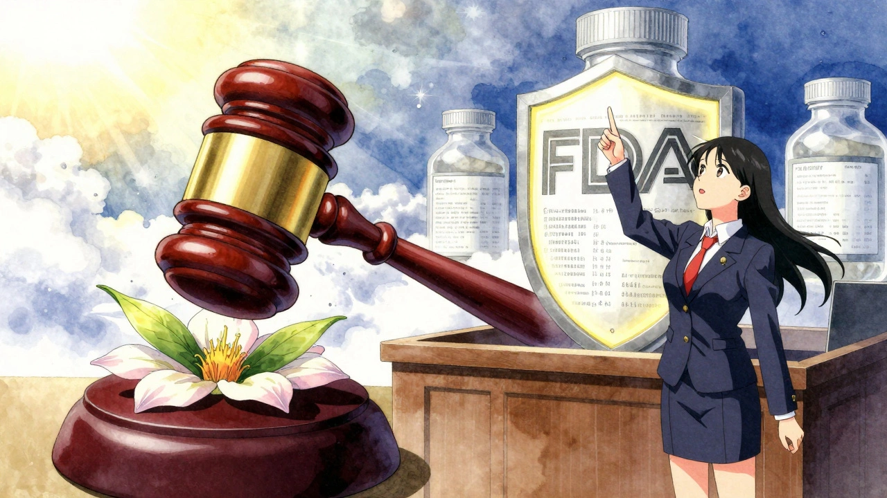 A giant patent gavel crashes on a flower while an FDA data shield glows untouched in a surreal courtroom scene.