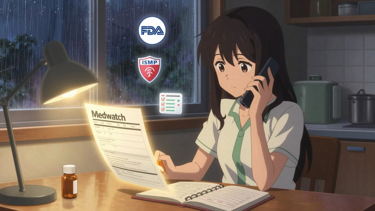 A girl filling out a MedWatch form at her kitchen table with medical icons floating around her.