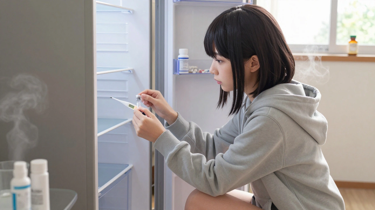 A girl placing insulin on the middle fridge shelf away from the door.