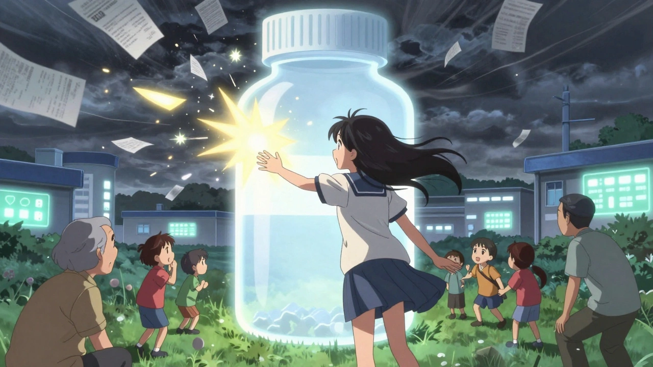 A girl pulling others through a pill-shaped portal to safety, symbolizing prevention of medication errors.