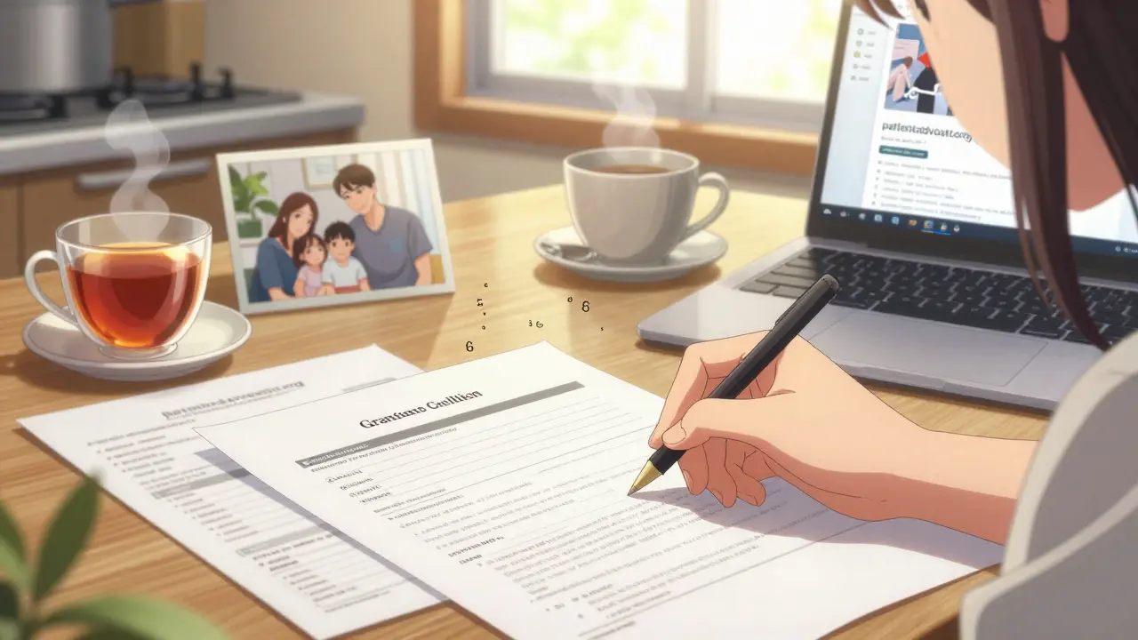 A hand filling out a grant application at a kitchen table with medical papers and a family photo.