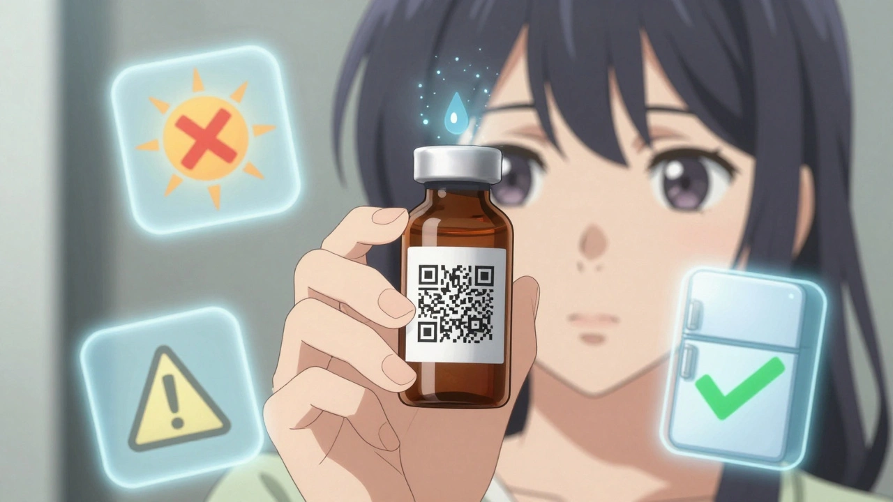 A hand holding a medicine bottle with floating digital storage icons nearby.
