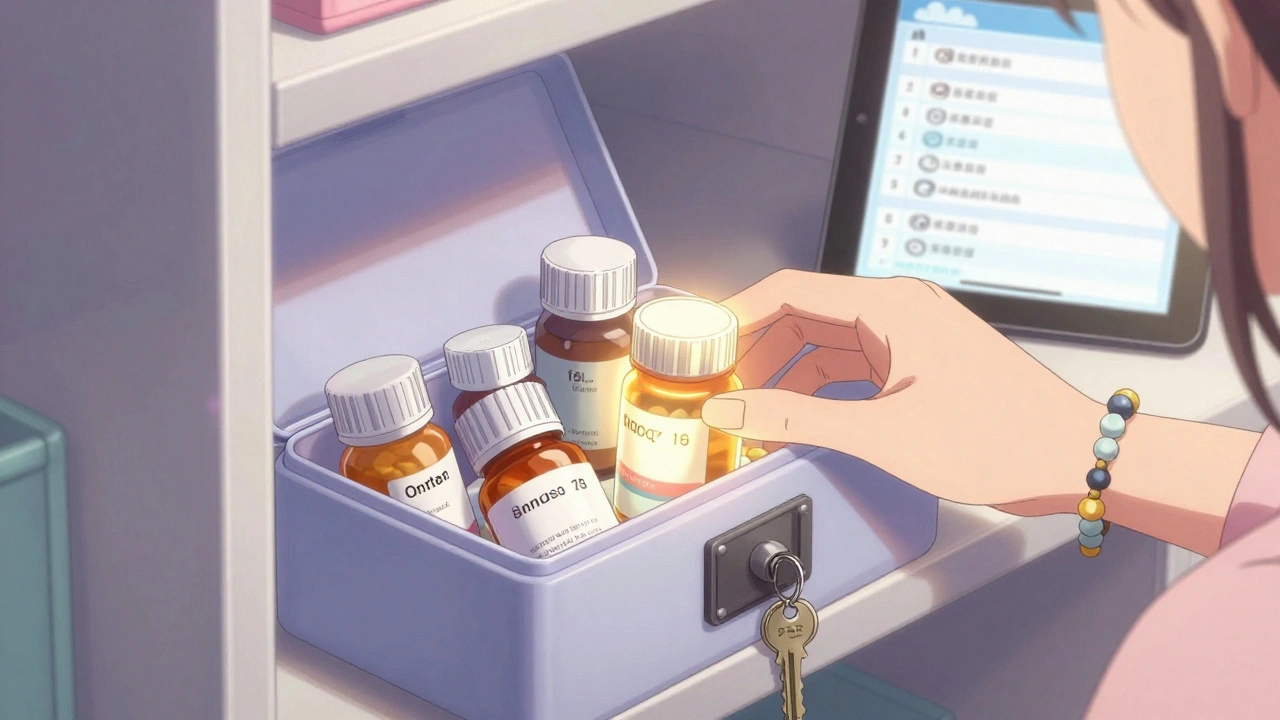 A locked medicine box in a closet with clearly labeled bottles and a digital medication list visible on a tablet.