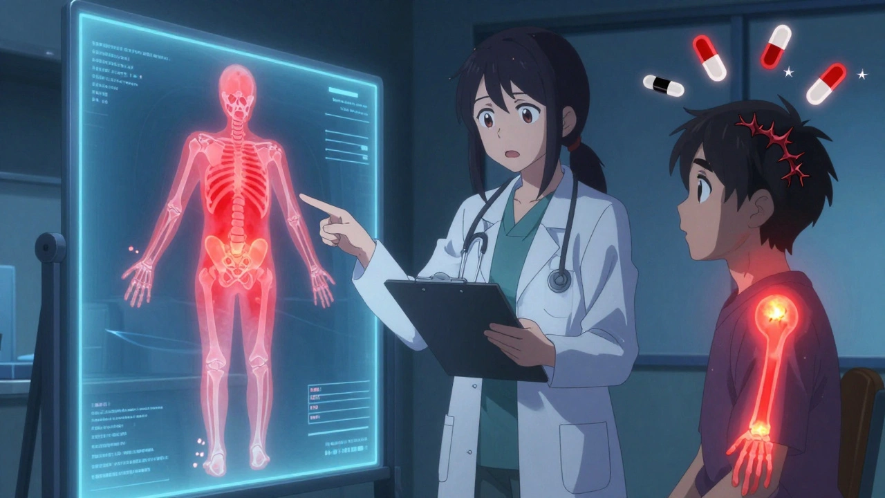 A patient and doctor reviewing a growing pain map that shows pain spreading beyond its original location.