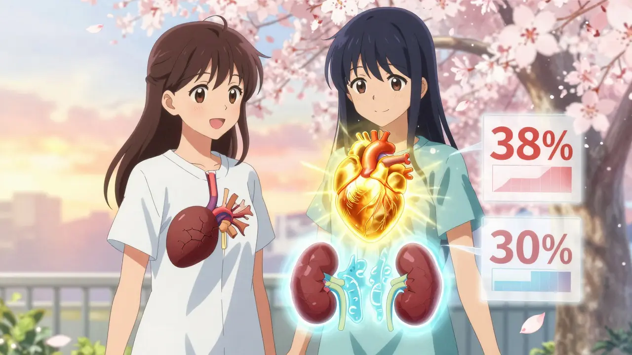 A patient’s heart transforming from damaged to radiant, with kidneys glowing as protective light rays and medical data floats nearby.