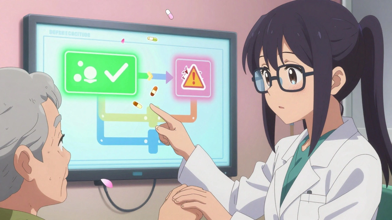 A pharmacist gently helps an elderly woman understand which medications are being safely stopped.