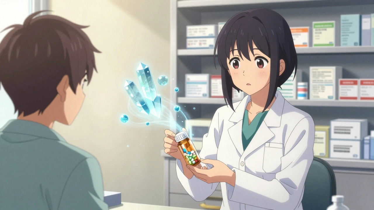 A pharmacist hands a pill bottle while spectral excipient molecules float around it in a clinic.