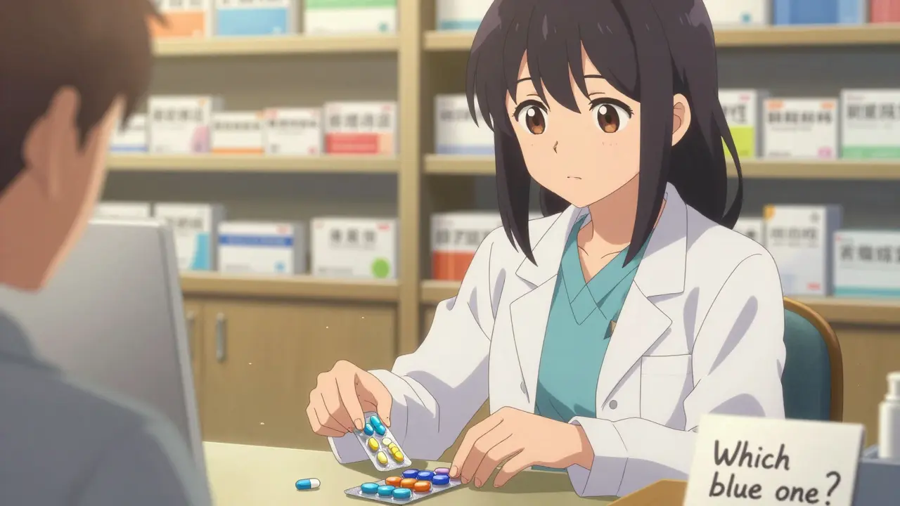 A pharmacist prepares separate generic pills in a color-coded blister pack beside a single combination pill.