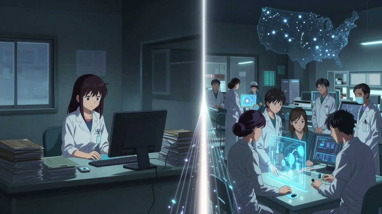 A rural pharmacist works alone at night, contrasted with a team using AI in a city hospital, connected by a glowing bridge.