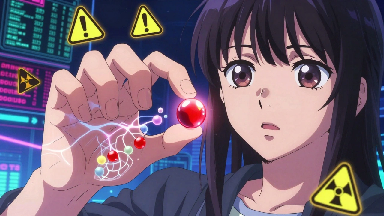 A transparent hand reveals excipient molecules triggering reactions in biological receptors.