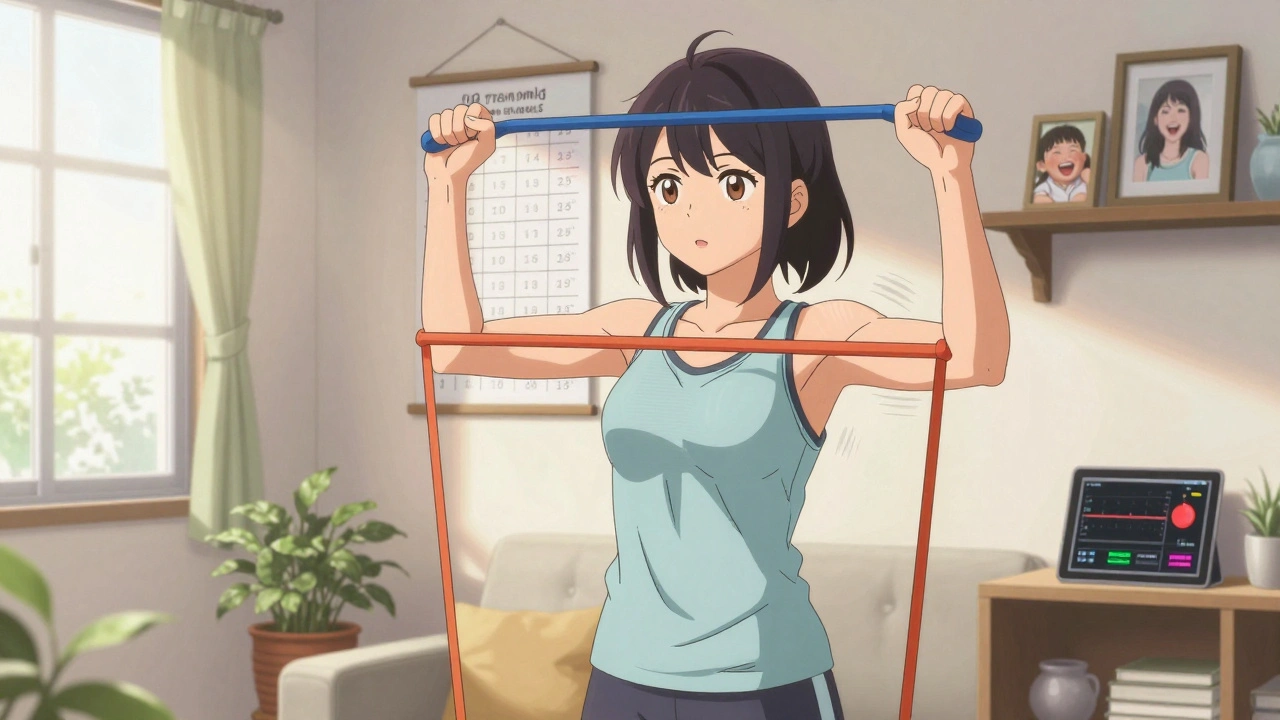 A woman using resistance bands at home, sunlight streaming in, progress chart on the wall.