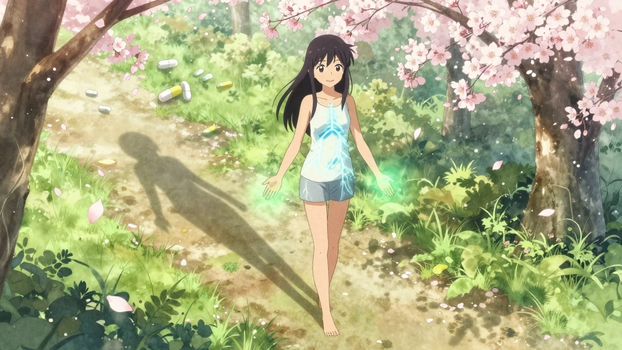 A woman walking barefoot in a sunlit forest, pain fading as gentle light glows around her, symbolizing recovery from opioid hyperalgesia.