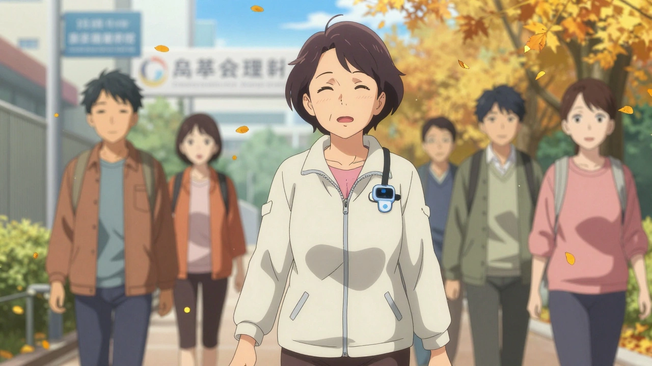 A woman walking on a path during cardiac rehab, autumn leaves falling around her.