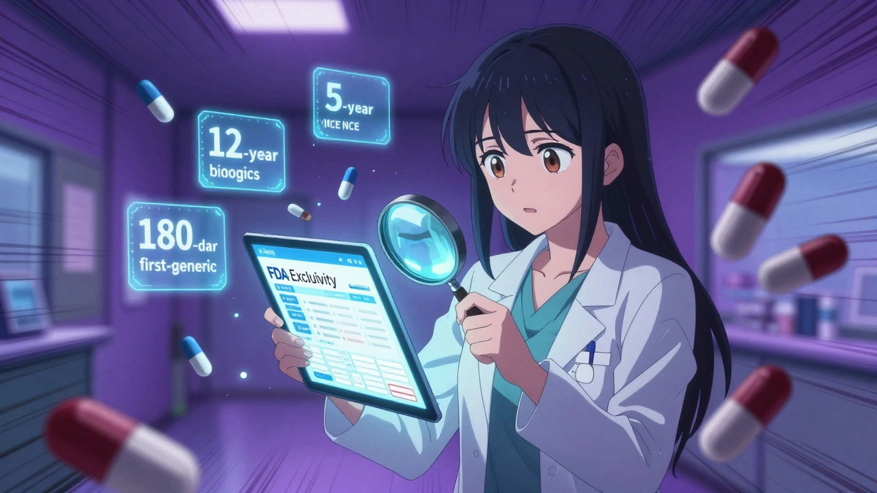 A young developer studies a floating FDA Exclusivity Dashboard with timers for drug protections.