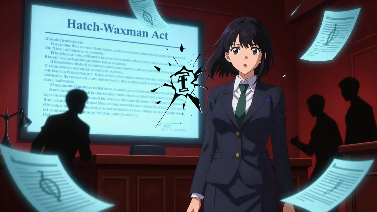 A young lawyer stands before shattering patent symbols, with the Hatch-Waxman Act glowing on a screen behind her.