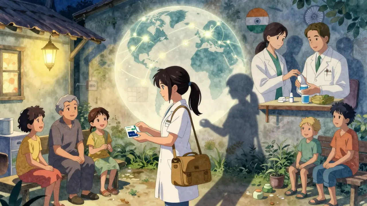 A young volunteer distributes generic medicines to families in a rural village under glowing lanterns.