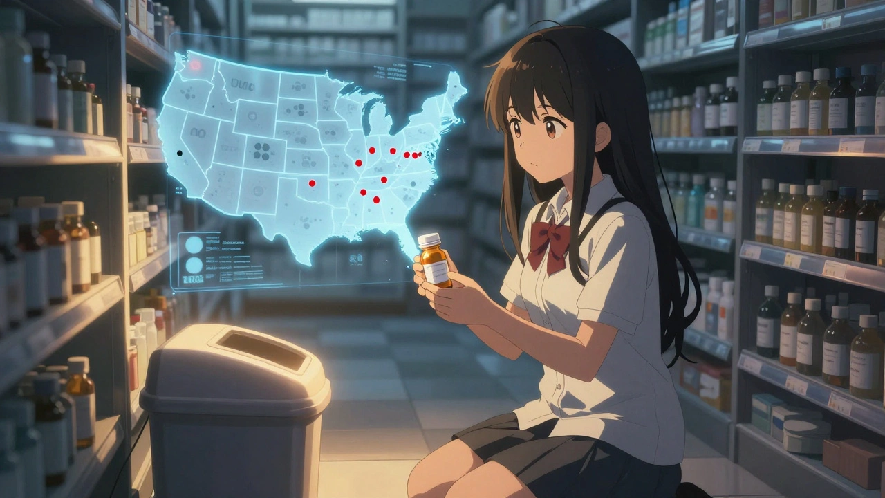 A young woman in a pharmacy faces a holographic map showing few safe disposal sites versus widespread medication pollution.
